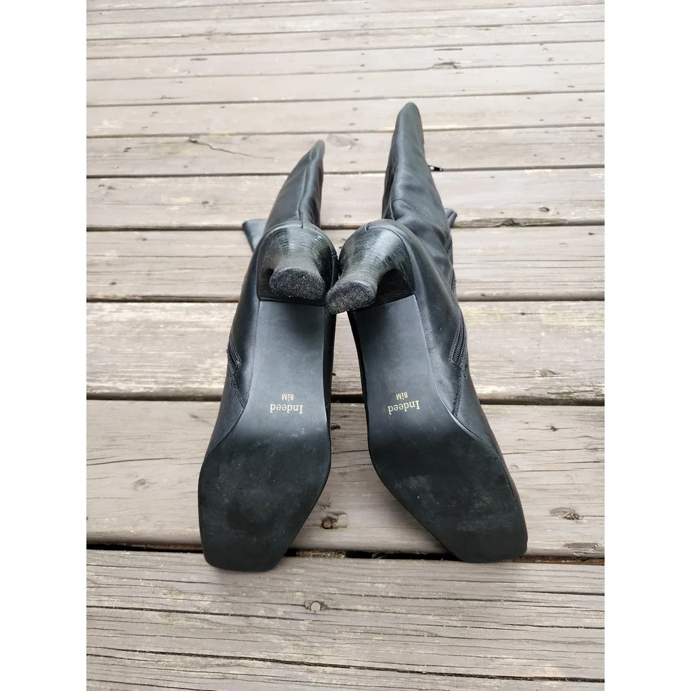 Vintage 90s Y2K Indeed Knee High Boots Black Leather Square Toe Stiletto 8.5M